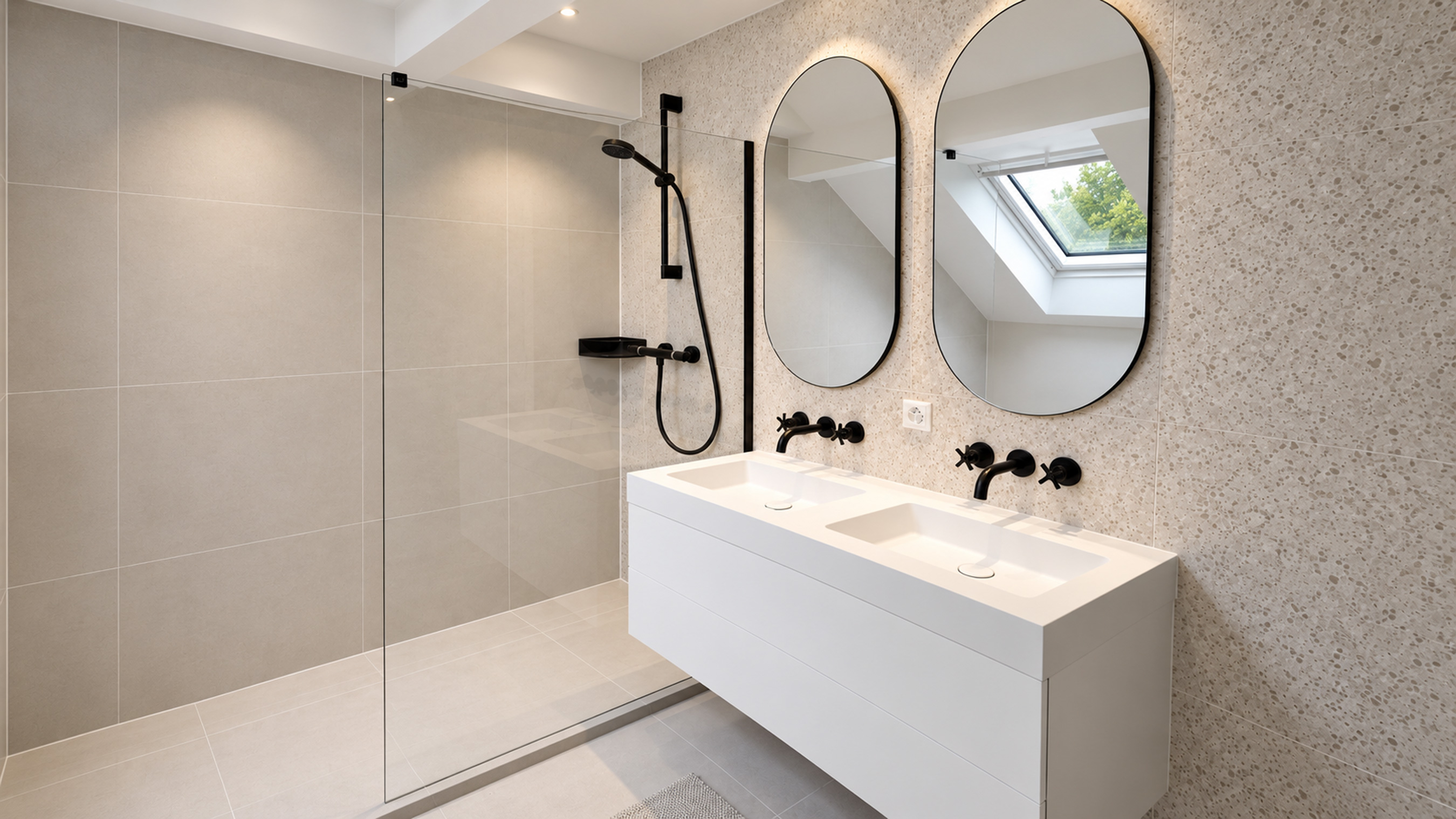 Rénovation de salle de bains moderne avec double vasque, douche à l’italienne et équipements sanitaires à Commugny